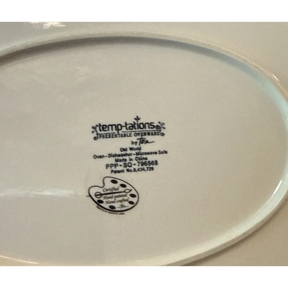 TempTations Ovenware Old World Red Floral Oval‎ Handles Platter 14 Inch